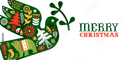 Merry Christmas retro watercolor folk bird banner