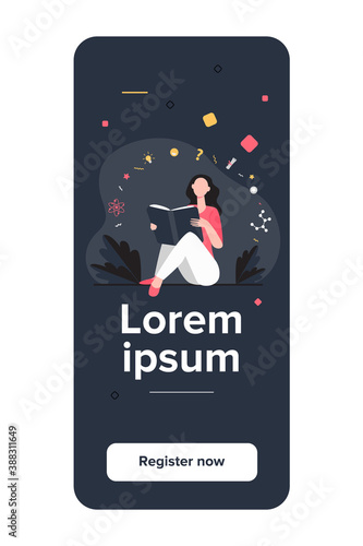 Female student sitting and reading book. Study, learning, girl flat vector illustration. Education and knowledge concept for banner, website design or landing web page