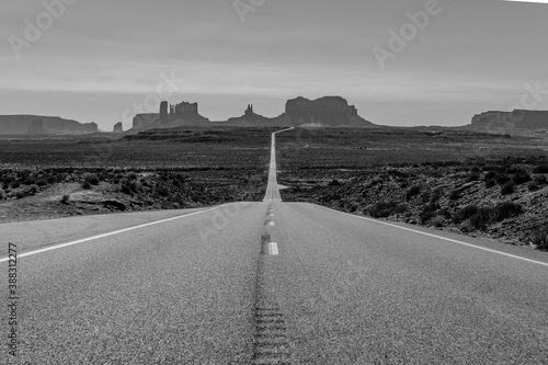 Monument Valley and highway 163 landscape in black and white photo