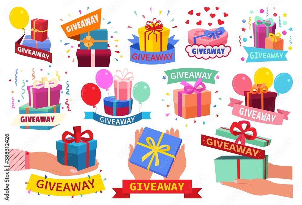 Giveaway banner set, isolated vector illustration. Give away gifts, winner reward and gift prize social media posts. Announcement gifts posters, internet blogger or shop random quiz event presents.
