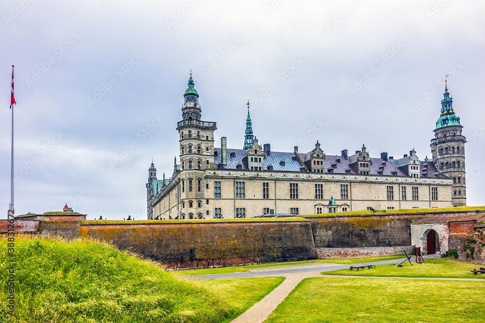 External view of Kronborg castle (1690) in Helsingor, Denmark. Kronborg is one of the most important Renaissance castles in Northern Europe, known worldwide from Shakespeare's Hamlet.