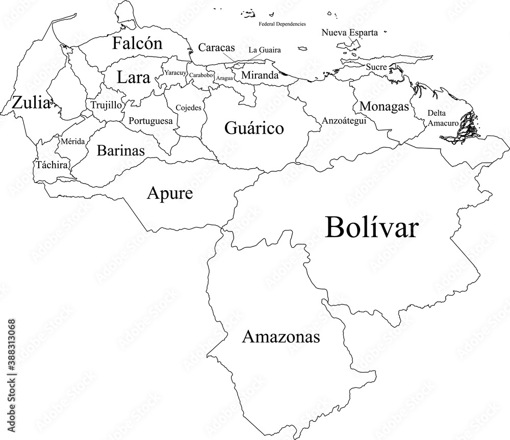 White Labeled Flat States Map of the South American Country of Venezuela