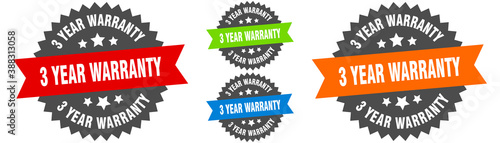 3 year warranty sign. round ribbon label set. Seal