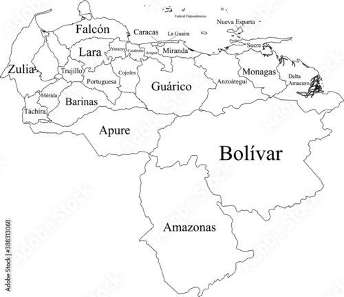 White Labeled Flat States Map of the South American Country of Venezuela