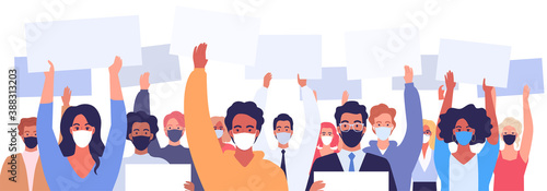 Different people in masks protest holding placards vector illustration 