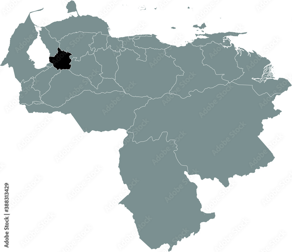 Black Location Map of the Venezuelan State of Trujillo within Grey Map of Venezuela