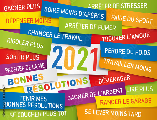Carte de vœux 2021 présentant une liste de bonnes résolutions écrite sur des étiquettes de couleurs.