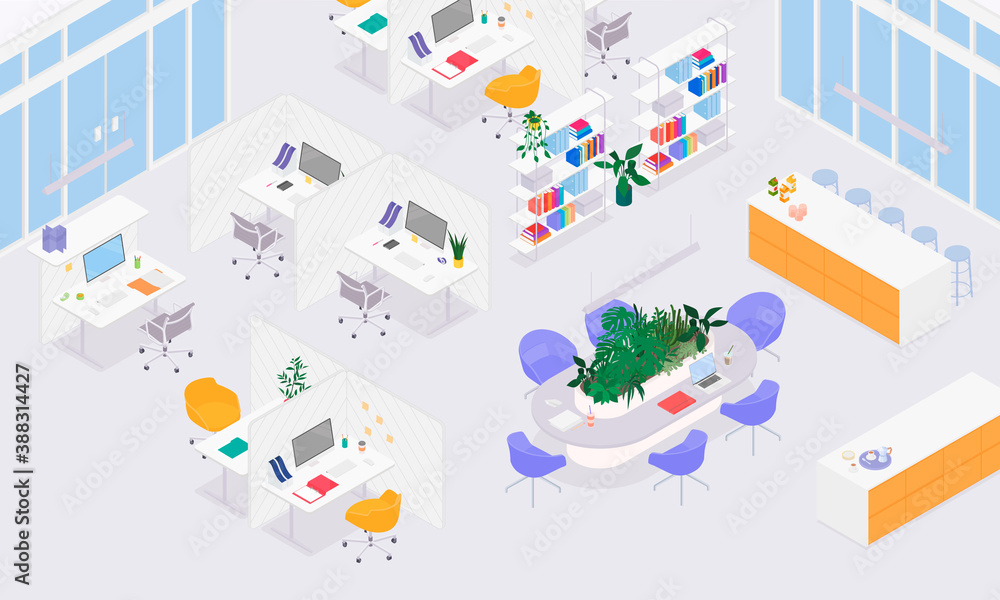 Isometric office interior - desks, conference table, furnitures and appliances. Vector illustration in flat design, isolated.
