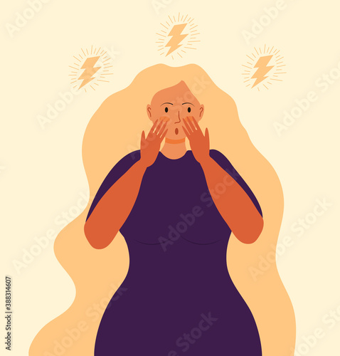Stressed, frustrated girl concept vector. Horror, shock and scene of accusation in life, depression in work. Upset girl with long hair. Difficult task, problem
