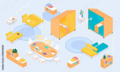 Isometric office interior - desks, conference table, furnitures and appliances. Vector illustration in flat design, isolated.

