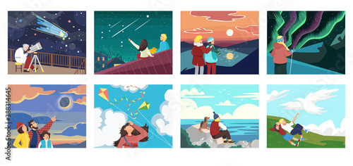 Set of people looking at sky vector illustration. Observation, inspiration and romantic. Scientist with telescope, tourist traveling, couple look at stary skies, sunset and aurora australis, clouds.