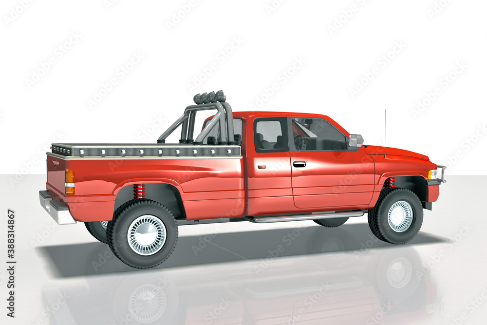 3d Lkw Pic-Up, Transporter rot und schwarz mit Scheinwerfer, freigestellt