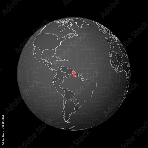 Dark globe centered on Guyana. Country highlighted with red color on world map. Satellite world projection. Amazing vector illustration.