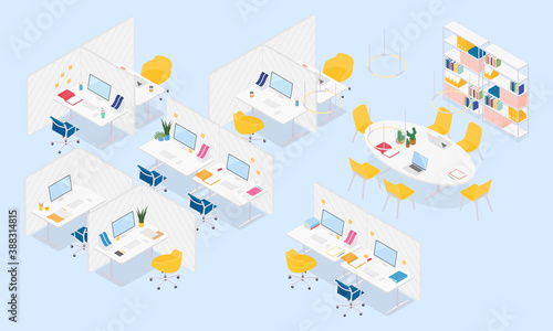 Isometric office interior - desks, conference table, furnitures and appliances. Vector illustration in flat design, isolated.
