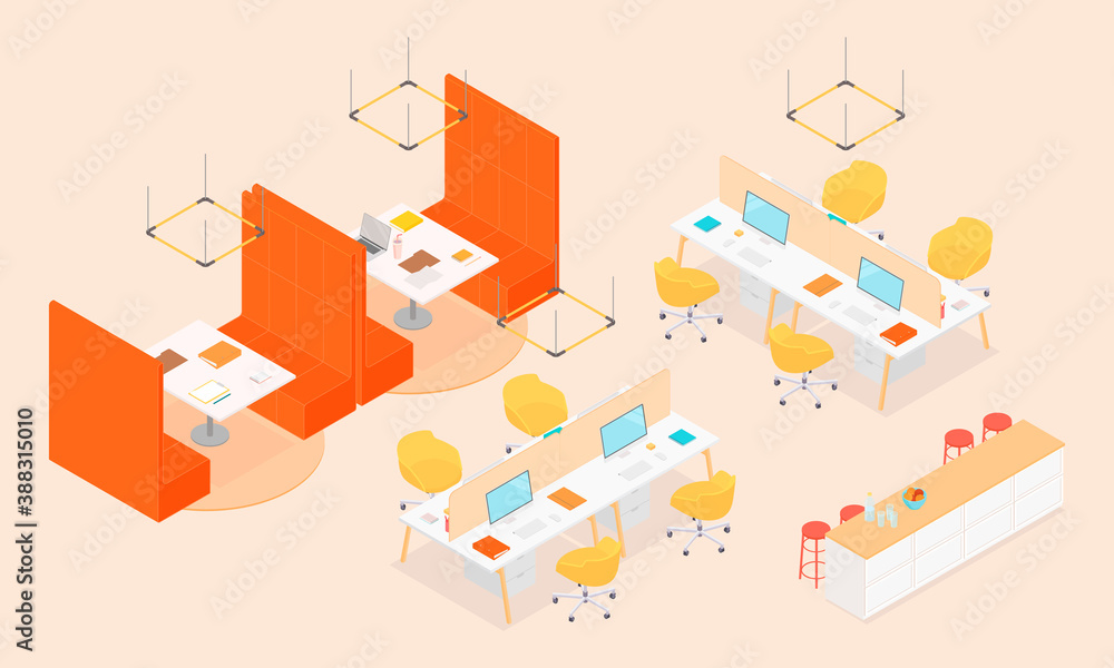 Obraz premium Isometric office interior - desks, conference table, furnitures and appliances. Vector illustration in flat design, isolated. 