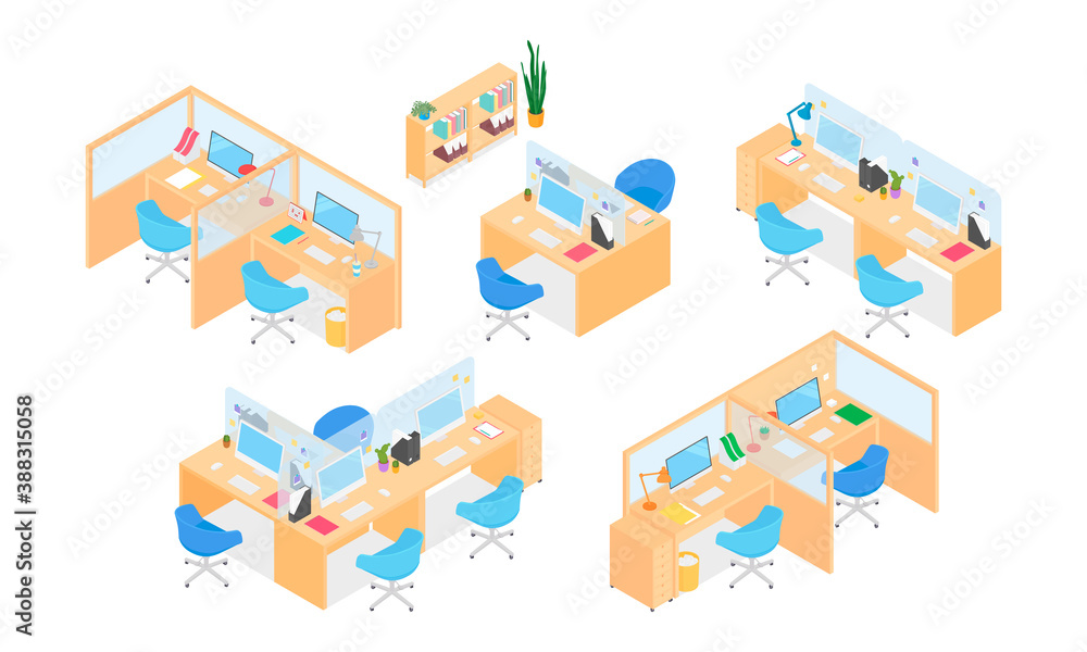 Isometric office interior - desks, conference table, furnitures and appliances. Vector illustration in flat design, isolated.
