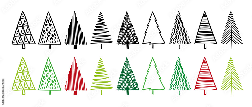 Naklejka Set of doodle Christmas fir trees modern hand draw design. Winter elements. Can be used for printed new year materials - leaflets, posters, business cards or for web