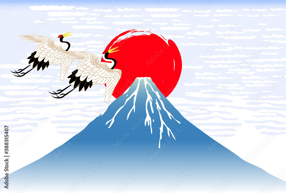 Fototapeta premium 2021年丑年年賀状-富士山と丹頂鶴