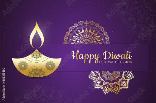 Happy Diwali - festival of lights colorful background with decorative diya lamp and rangoli.