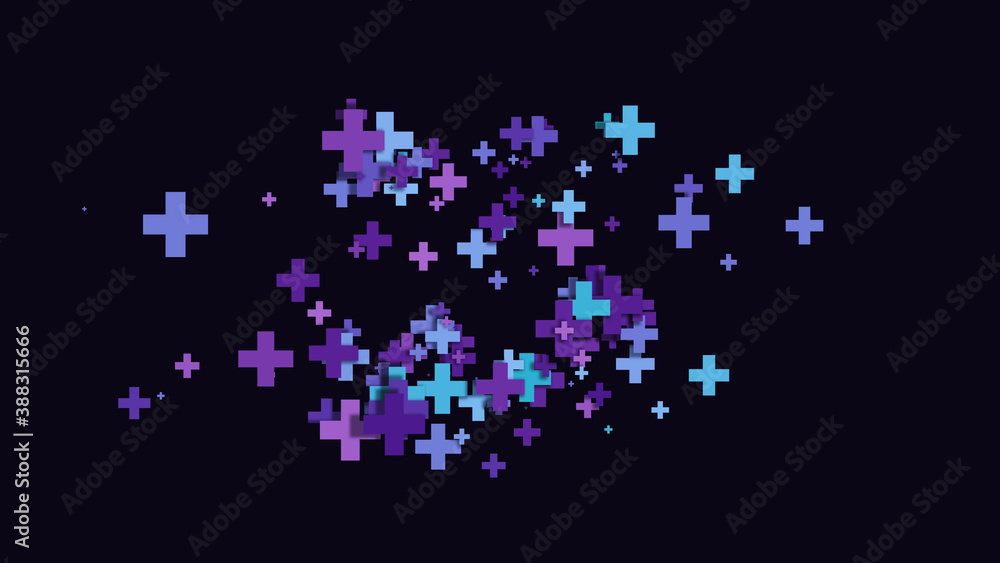 Colourful multi-size cross plus symbols scattered on dark background