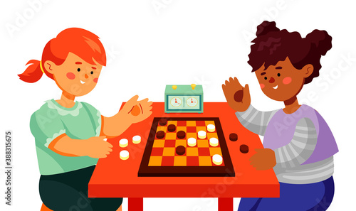 Children playing checkers - colorful flat design style illustration