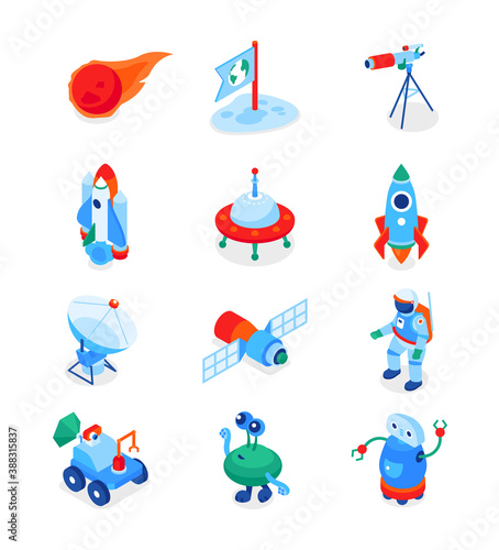 Space exploration - modern colorful isometric icons set