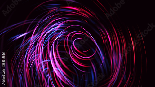 Dynamic futuristic digital artwork. Glowing motion streaks and light traces circles on dark background