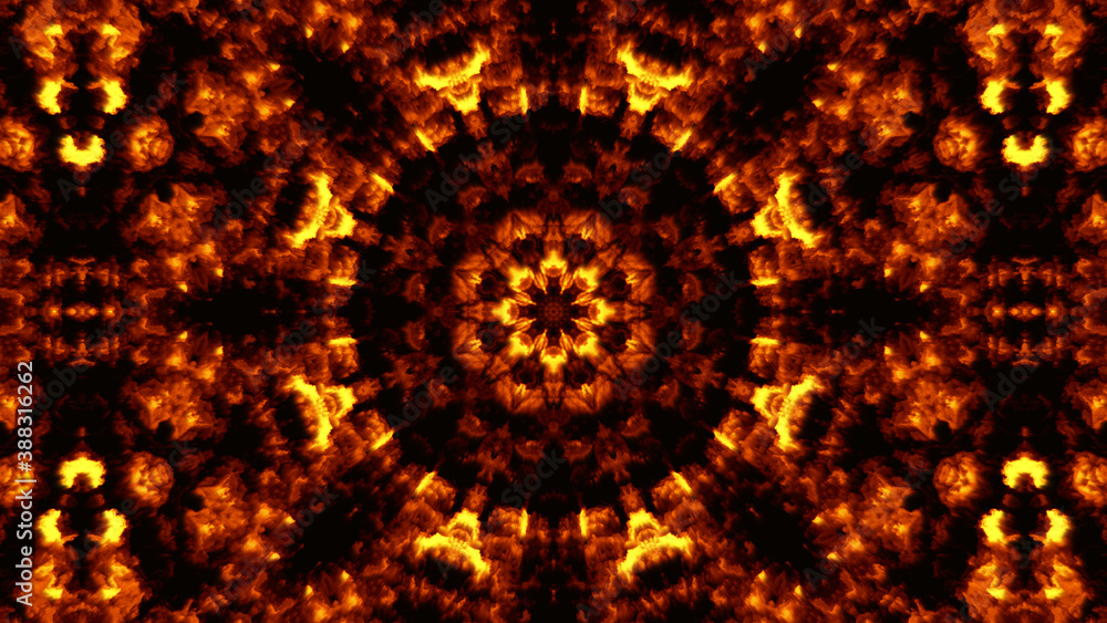 Dark fire-coloured symmetric kaleidoscope background