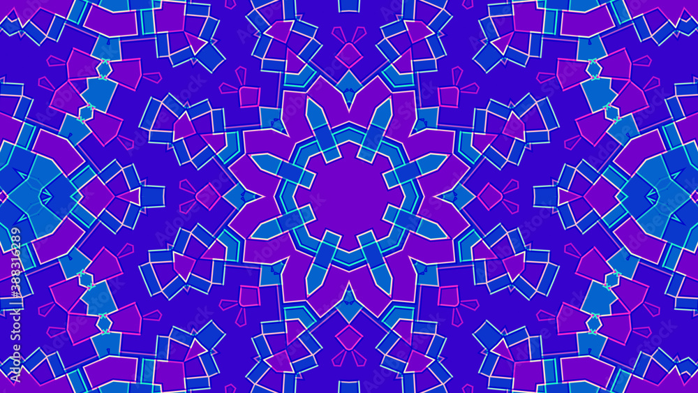 Fototapeta premium Abstract geometric blue kaleidoscope background with bright-coloured accent lines and central symmetry