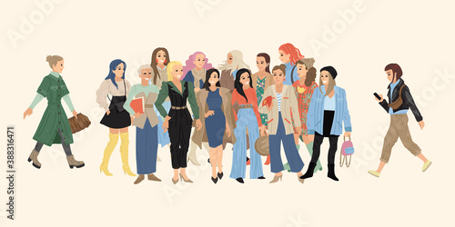 Crowd of girls, women in different clothes. Print shopping, feminism characters, fashion design. Vector drawing