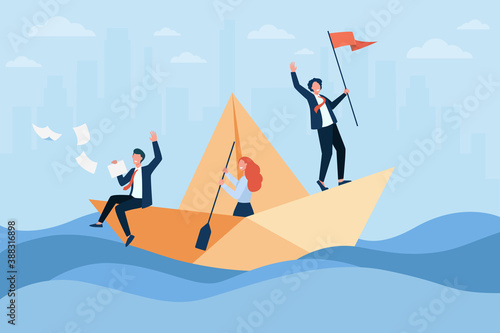 Successful business leader with flag sailing boat, his team using paddle. Colleagues and boss travelling in ocean of opportunities. Vector illustration for success, unity teamwork, leadership concept