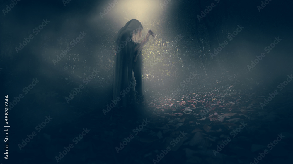 Naklejka premium A halloween female fantasy death figure with cape and blood axe in a dark forest with a bright moon 