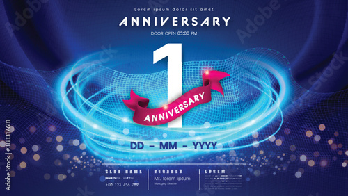 1 years anniversary logo template on dark blue Abstract futuristic space background. 1st modern technology design celebrating numbers with Hi-tech network digital technology concept design elements.