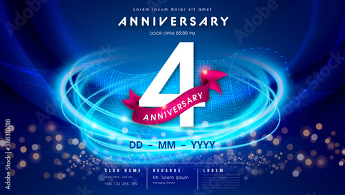 4 years anniversary logo template on dark blue Abstract futuristic space background. 4th modern technology design celebrating numbers with Hi-tech network digital technology concept design elements.
