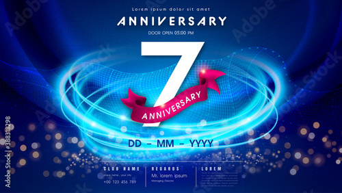 7 years anniversary logo template on dark blue Abstract futuristic space background. 7th modern technology design celebrating numbers with Hi-tech network digital technology concept design elements.