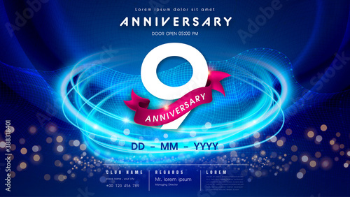 9 years anniversary logo template on dark blue Abstract futuristic space background. 9th modern technology design celebrating numbers with Hi-tech network digital technology concept design elements.