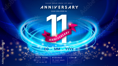 11 years anniversary logo template on dark blue Abstract futuristic space background. 11th modern technology design celebrating numbers with Hi-tech network digital technology concept design elements.