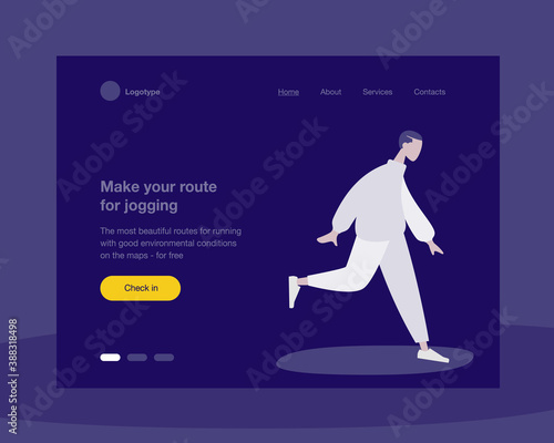The concept head of the website to launch the company for promotion, space, hosting or other spheres. Landing page template. Isometric vector illustration with a man jogging in white clothes.