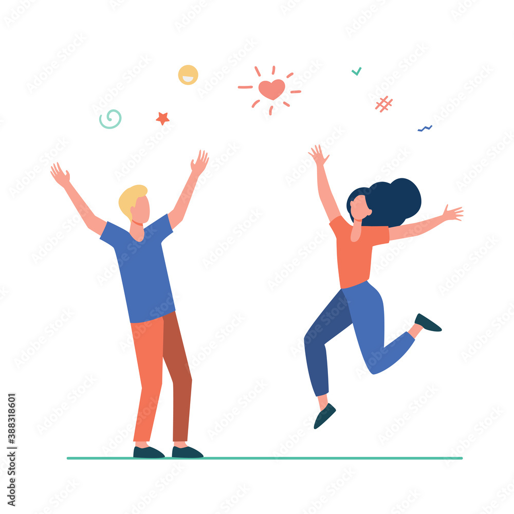 Happy young couple having fun. Girl and guy dancing at party, celebrating good news flat vector illustration. Celebration, festive event, success concept for banner, website design or landing web page Happy young couple having fun. Girl and guy dancing at party, celebrating good news flat vector illustration. Celebration, festive event, success concept for banner, website design or landing web page