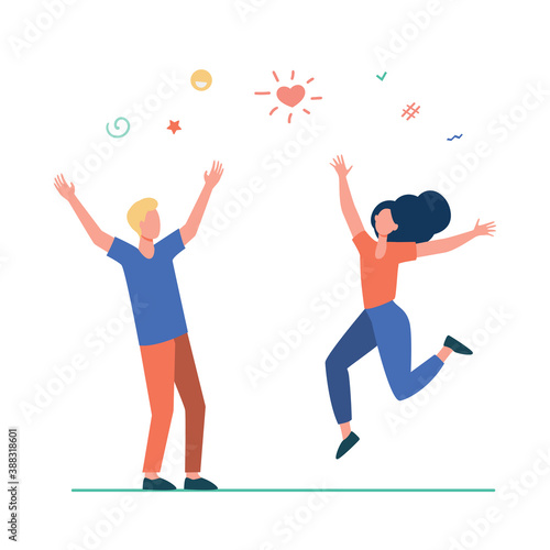 Happy young couple having fun. Girl and guy dancing at party, celebrating good news flat vector illustration. Celebration, festive event, success concept for banner, website design or landing web page