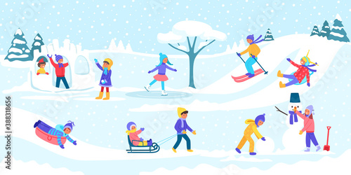 Winter kids games vector illustration. Little girl sculpts snowman  skating  skiing  sledding  dresses up Christmas tree. Children playing in snowballs. Winter fun outdoor and sports on vacations.