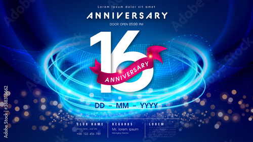 16 years anniversary logo template on dark blue Abstract futuristic space background. 16th modern technology design celebrating numbers with Hi-tech network digital technology concept design elements.