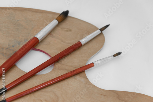 Watercolor paint brushes on a wooden color palette, standing on a white background.