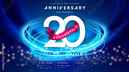 20 years anniversary logo template on dark blue Abstract futuristic space background. 20th modern technology design celebrating numbers with Hi-tech network digital technology concept design elements.
