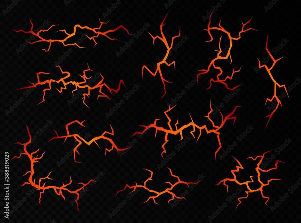 Obraz premium Ground cracks with molten lava isolated on a black background. Volcanic fissures set with hot magma, abstract vector elements.