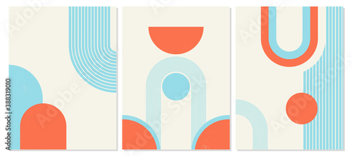 Set of abstract modern backgrounds with harmonious geometric shapes, rainbow and sun. Trending cover designs in a minimal mid century style in blues and oranges.Natural organic line shapes.