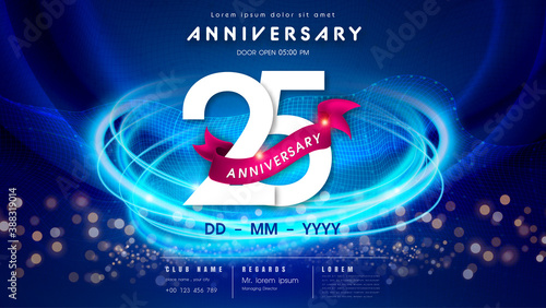 25 years anniversary logo template on dark blue Abstract futuristic space background. 25th modern technology design celebrating numbers with Hi-tech network digital technology concept design elements.