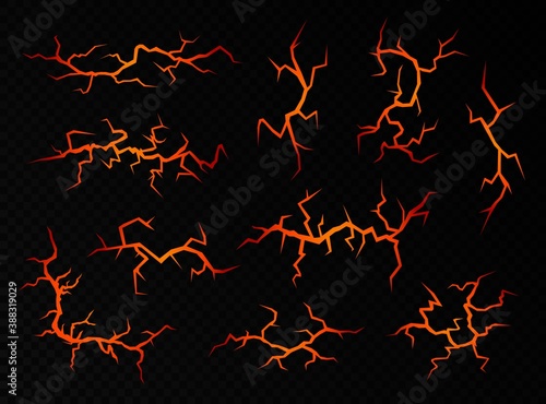Ground cracks with molten lava isolated on a black background. Volcanic fissures set with hot magma, abstract vector elements.