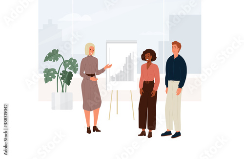 Female company coach holds a business meeting. Young woman explains chart to people in the office building near the window viewing to the city. Vector illustration in cartoon flat style