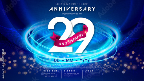 29 years anniversary logo template on dark blue Abstract futuristic space background. 29th modern technology design celebrating numbers with Hi-tech network digital technology concept design elements.